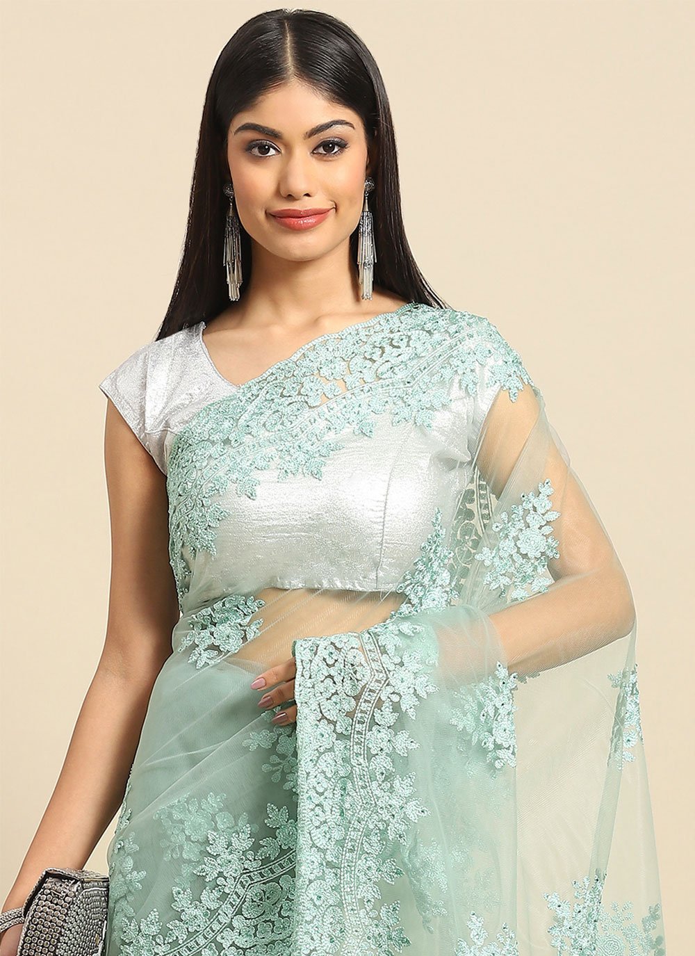 Classic Net Sea Green Embroidered Saree