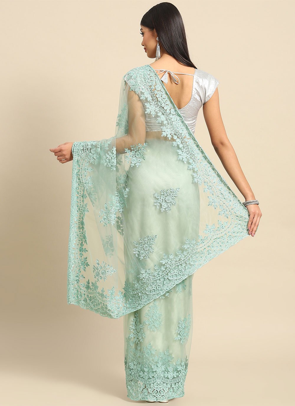 Classic Net Sea Green Embroidered Saree