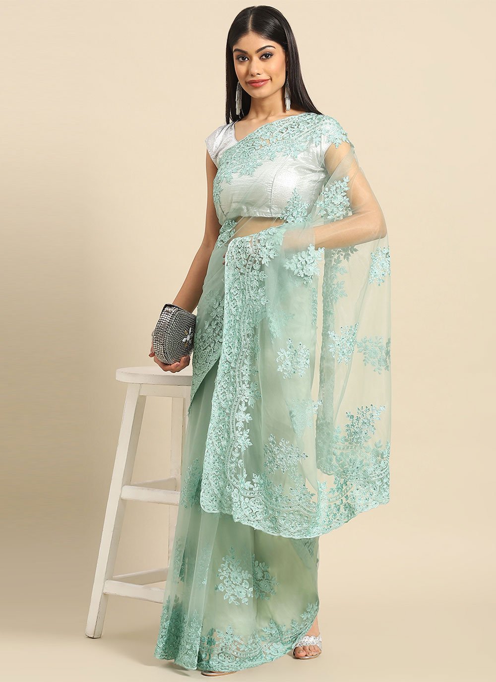 Classic Net Sea Green Embroidered Saree