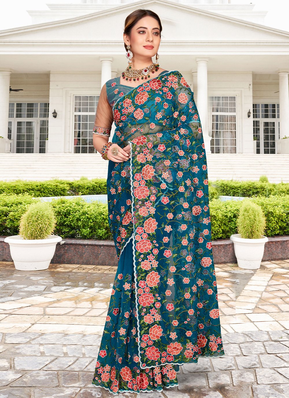 Contemporary Net Morpeach Embroidered Saree