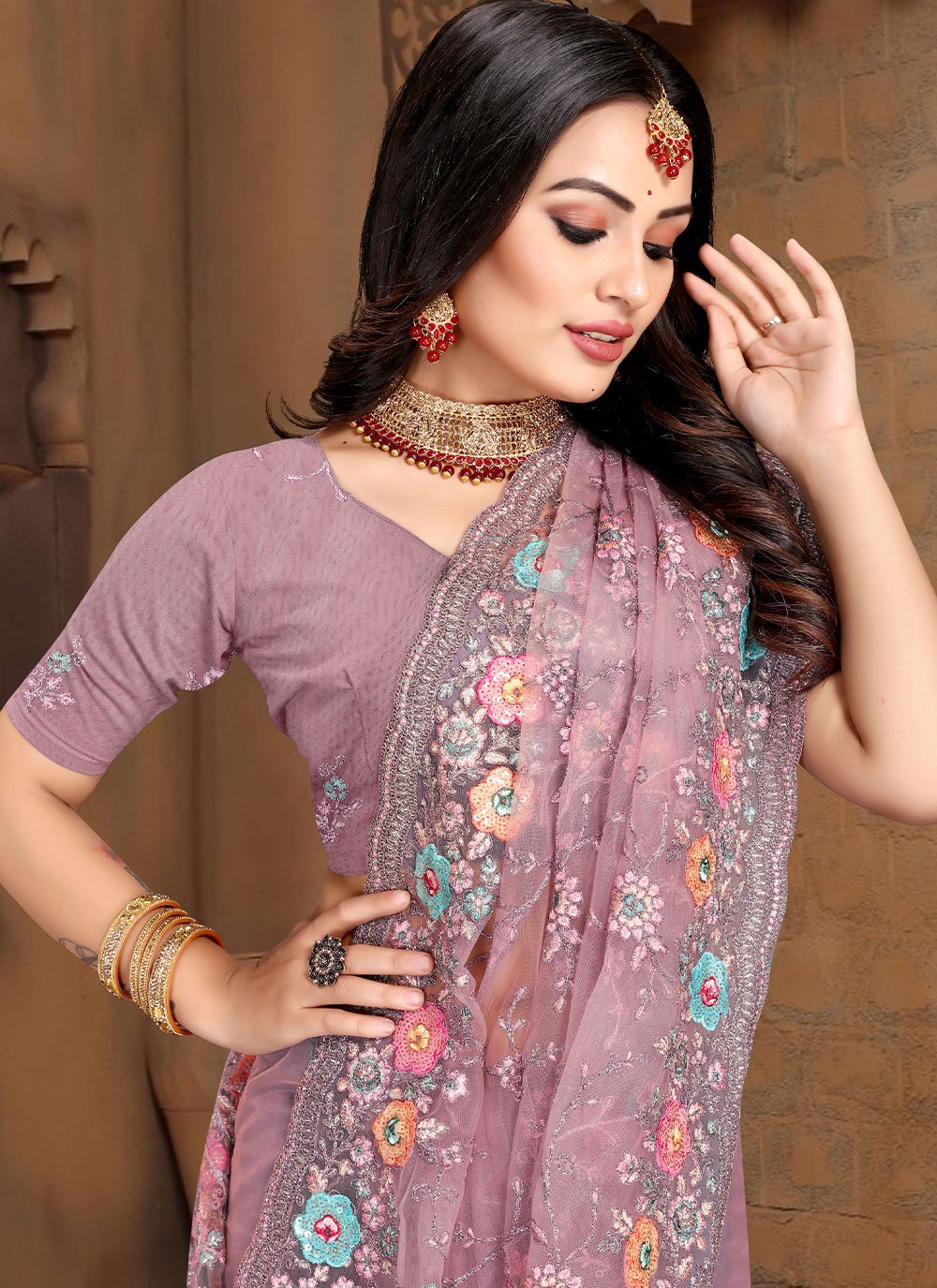 Contemporary Net Lavender Cord Work Saree