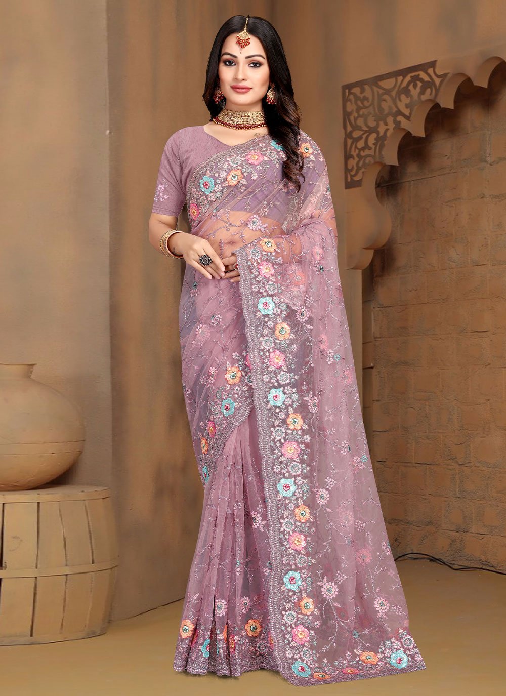 Contemporary Net Lavender Cord Work Saree