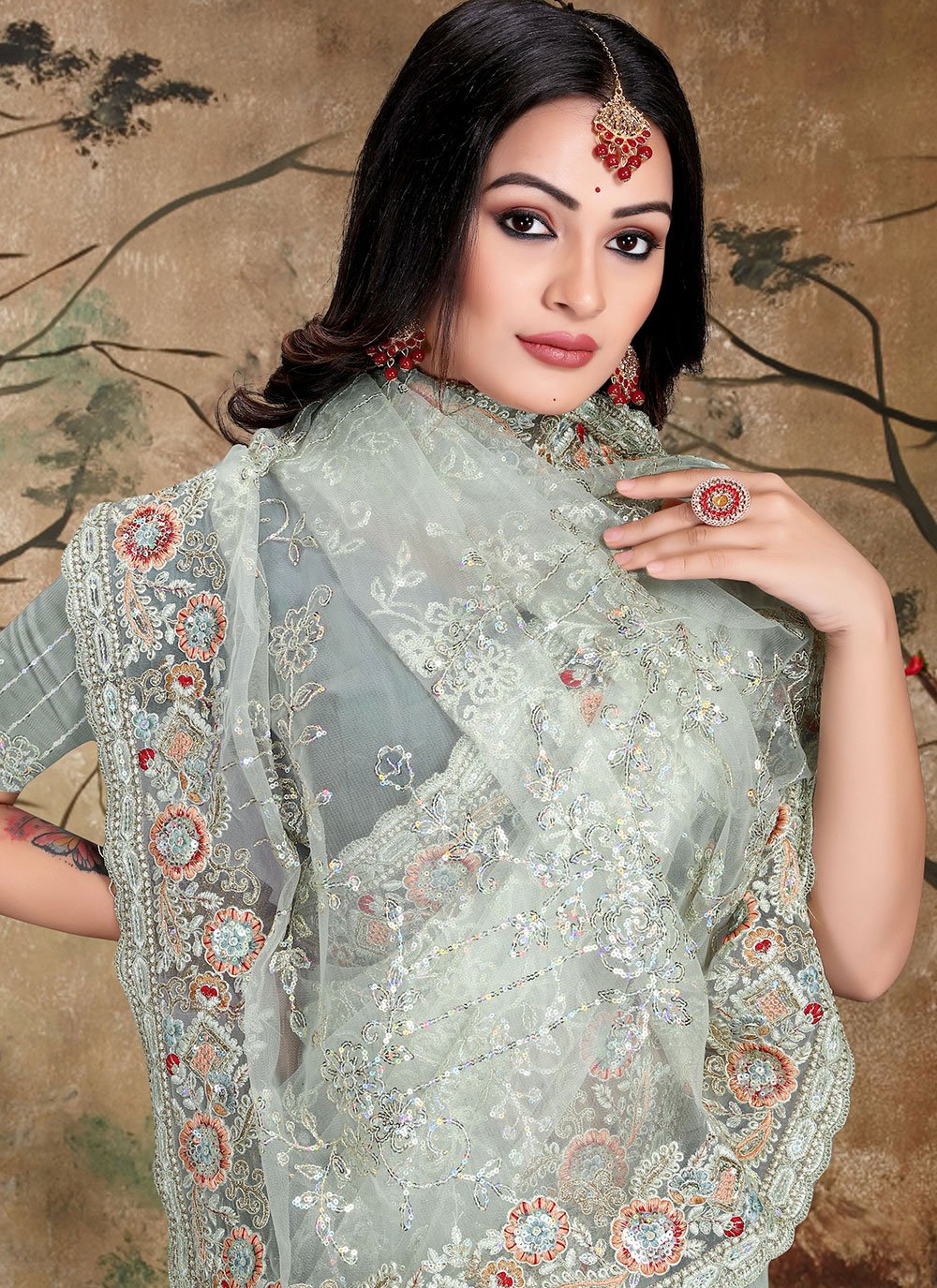 Contemporary Net Grey Cord Work Saree