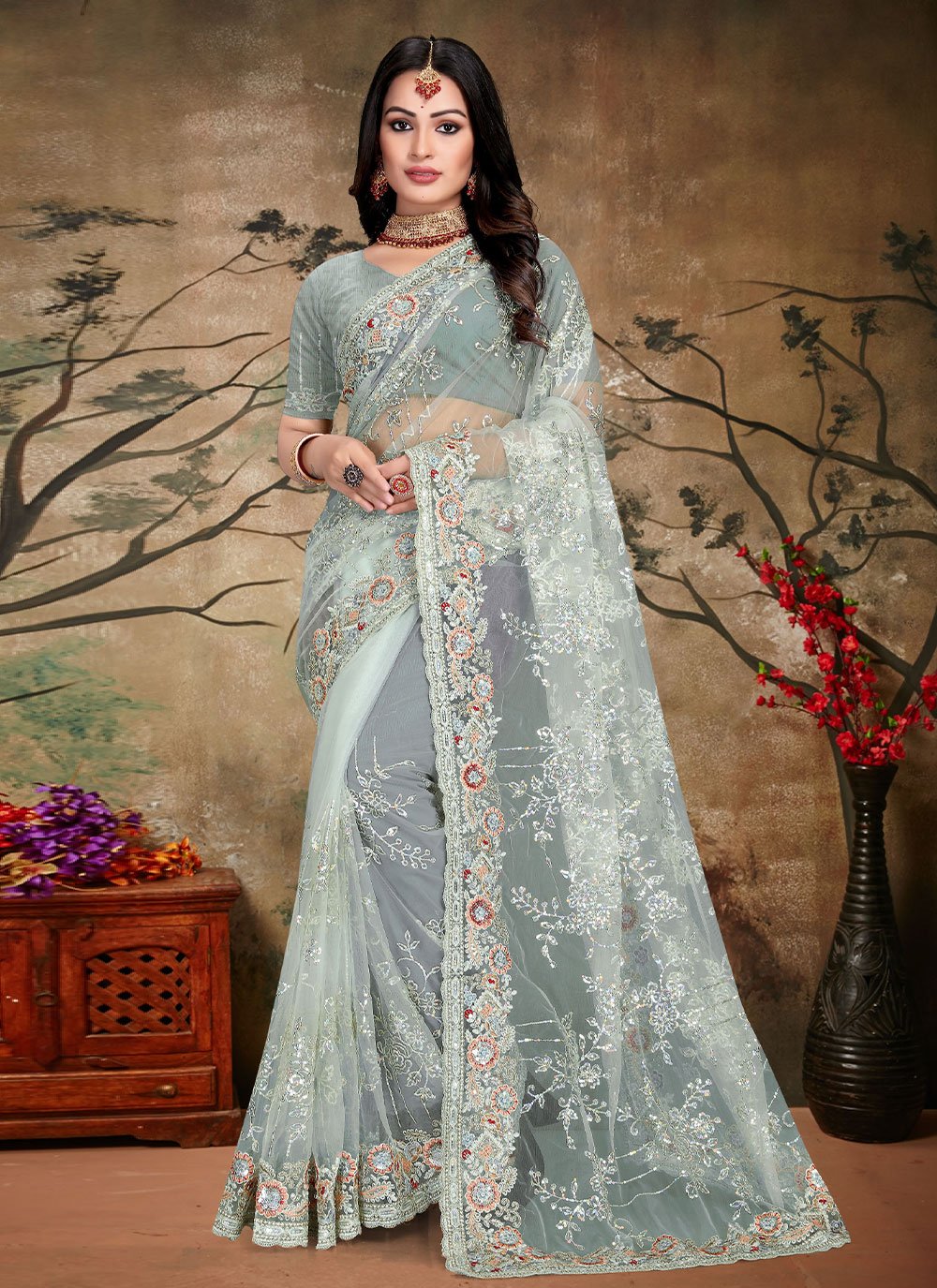 Contemporary Net Grey Cord Work Saree