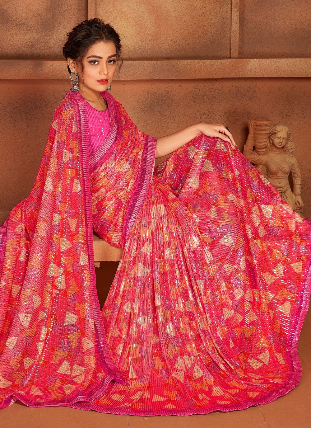 Contemporary Net Pink Digital Print Saree