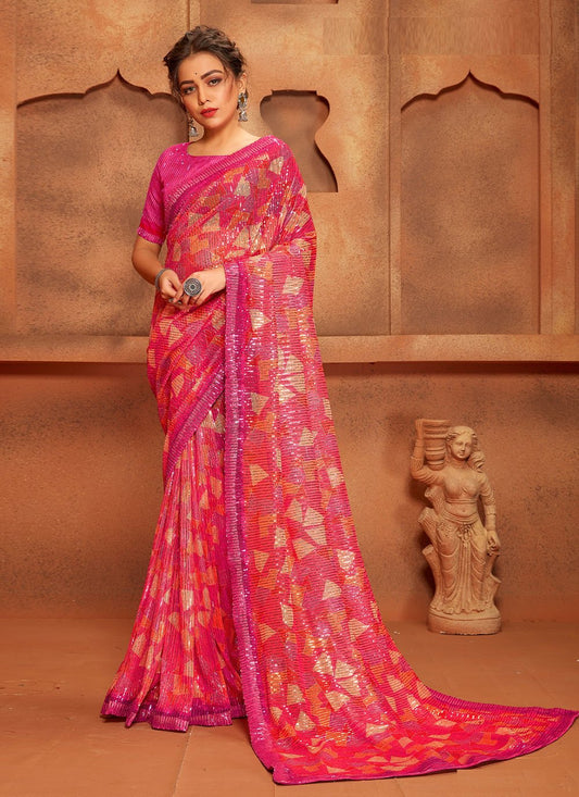 Contemporary Net Pink Digital Print Saree