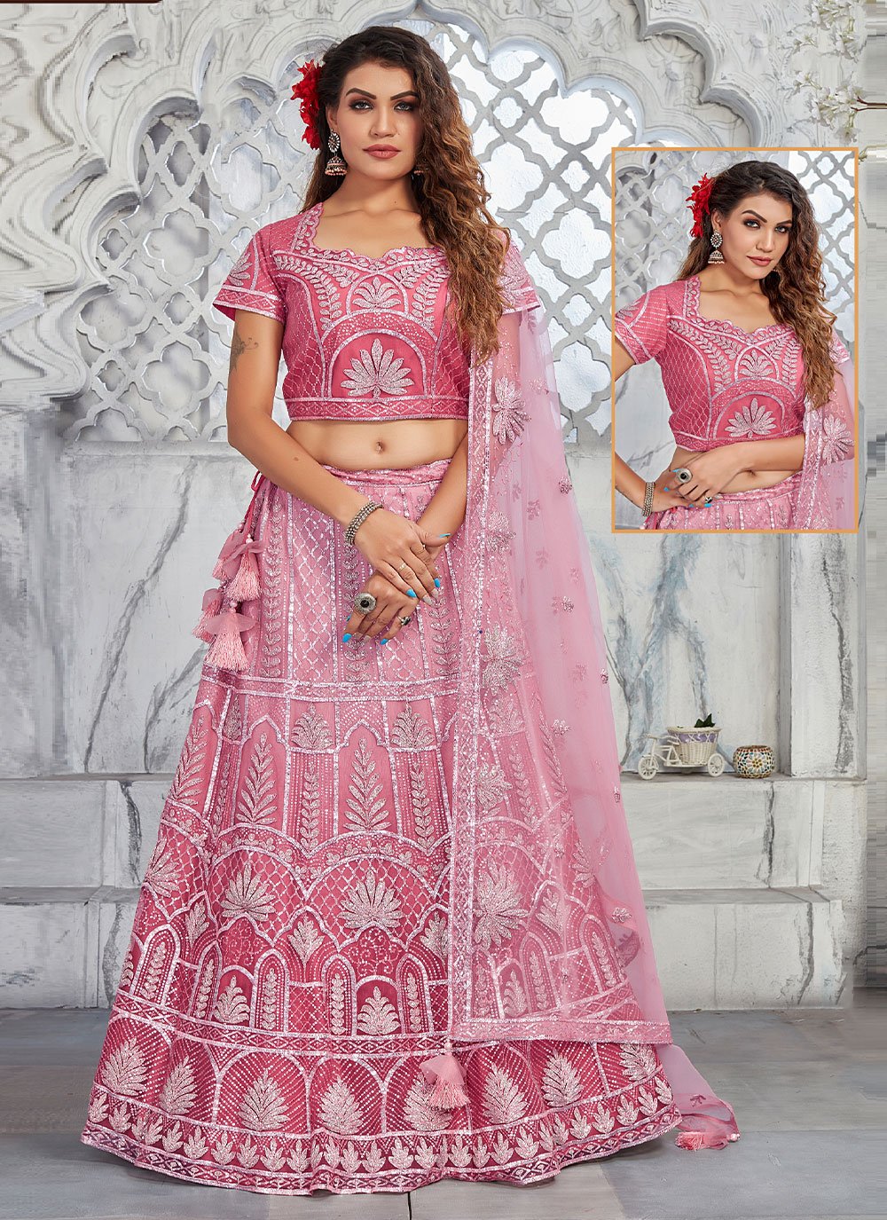 A Line Lehenga Net Pink Embroidered Lehenga Choli