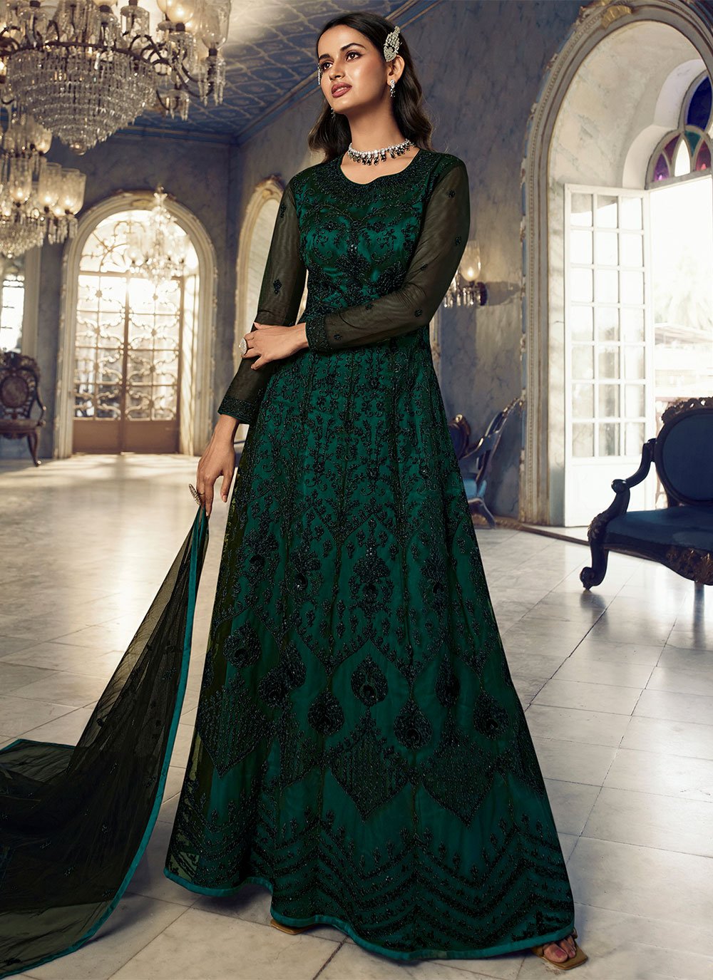 Anarkali Suit Net Green Embroidered Salwar Kameez