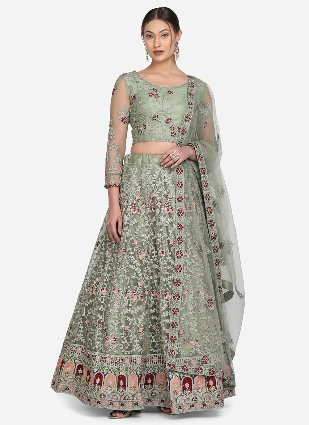 Lehenga Choli Net Green Embroidered Lehenga Choli