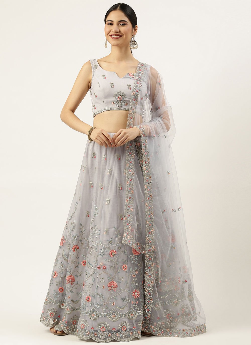 Lehenga Choli Net Grey Embroidered Lehenga Choli