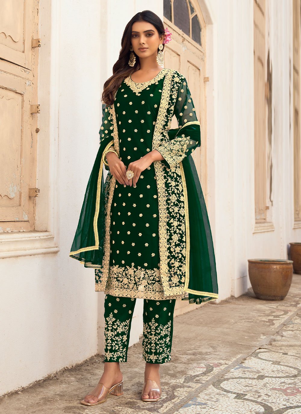 Jacket Style Suit Net Green Embroidered Salwar Kameez