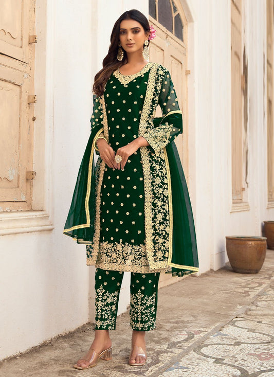 Jacket Style Suit Net Green Embroidered Salwar Kameez