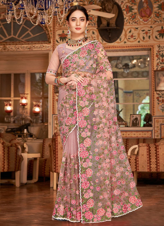 Classic Net Lavender Embroidered Saree