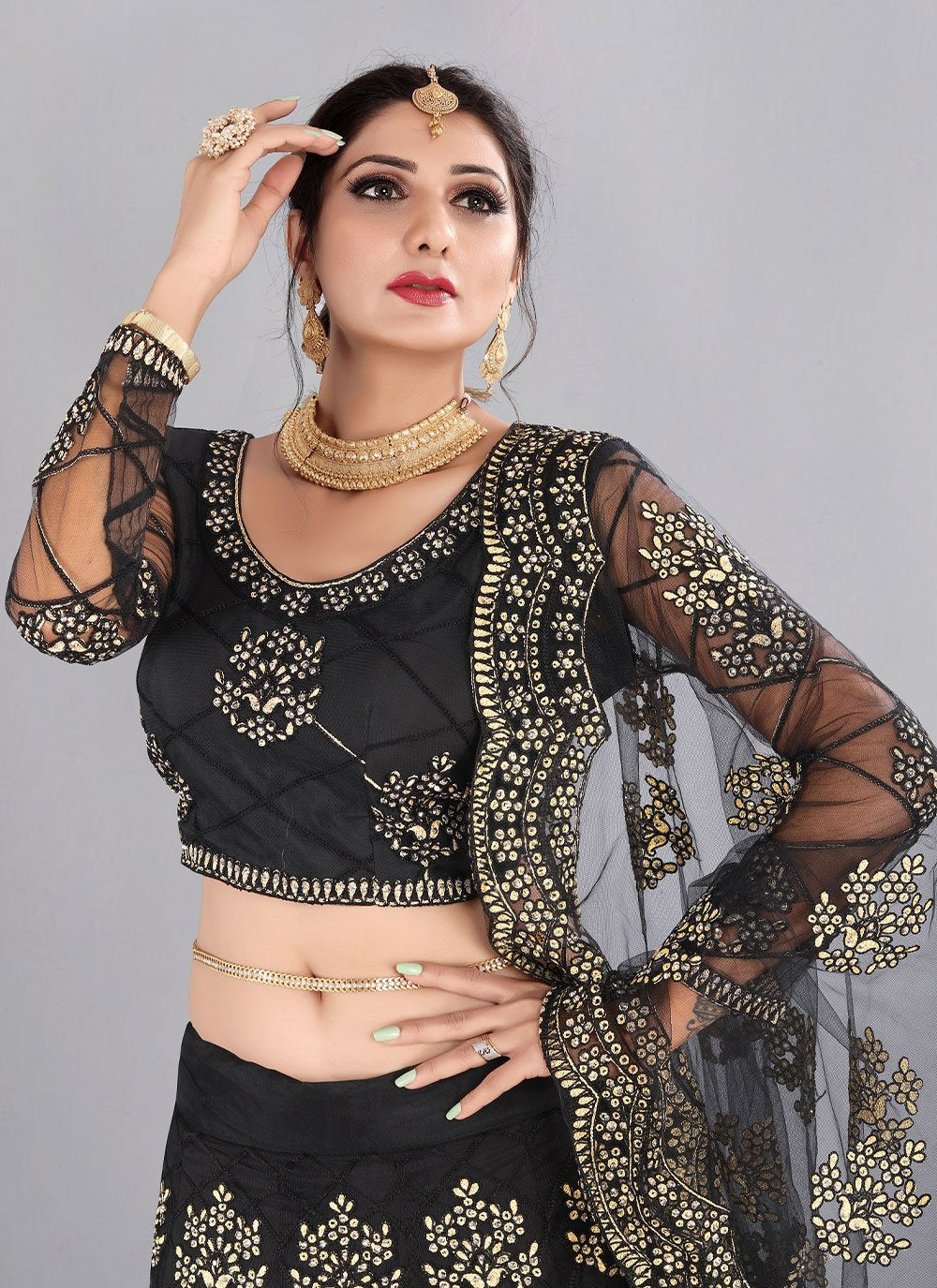 Lehenga Choli Net Black Embroidered Lehenga Choli