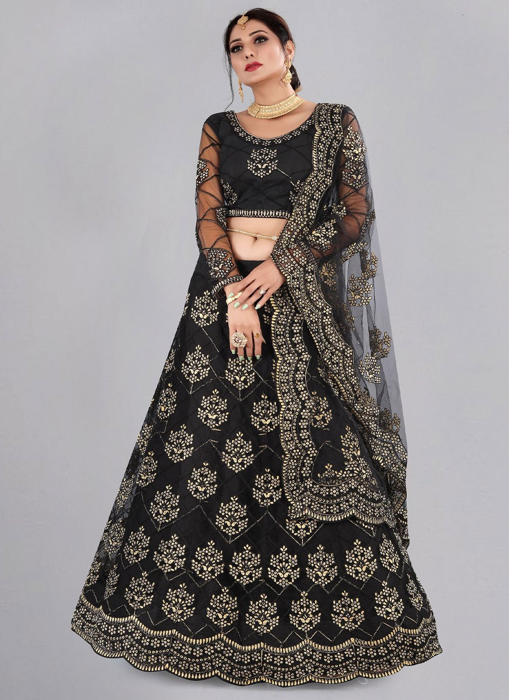 Lehenga Choli Net Black Embroidered Lehenga Choli