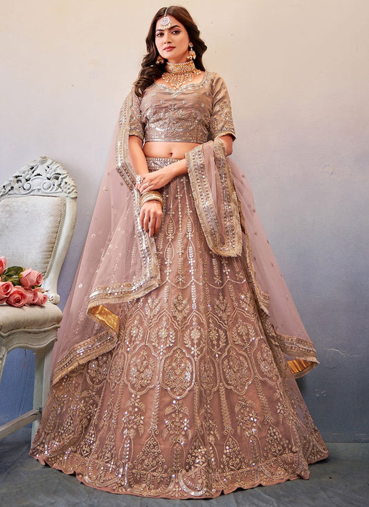 Lehenga Choli Net Beige Embroidered Lehenga Choli