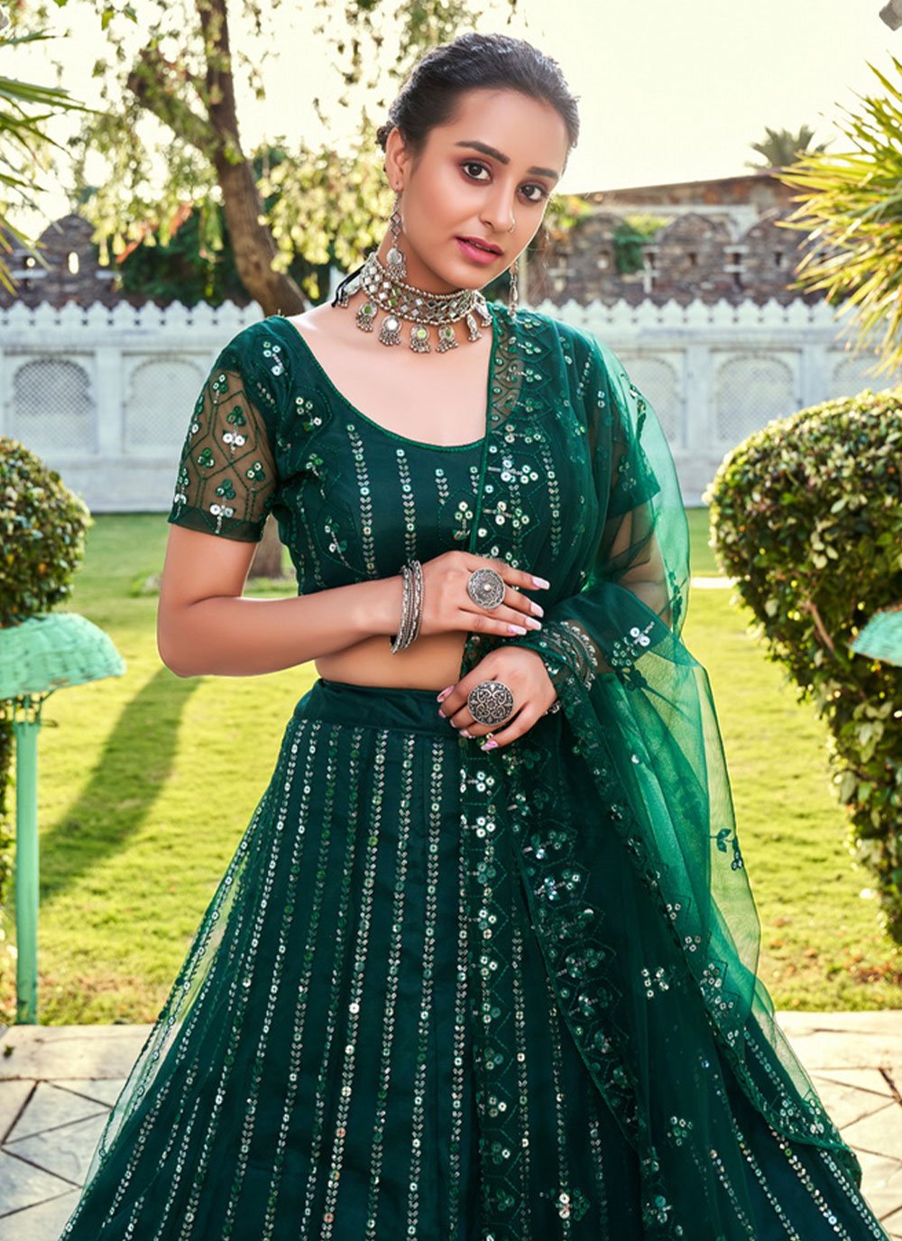 Lehenga Choli Net Green Embroidered Lehenga Choli