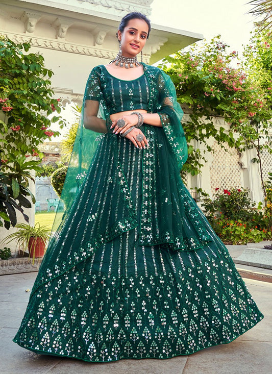 Lehenga Choli Net Green Embroidered Lehenga Choli