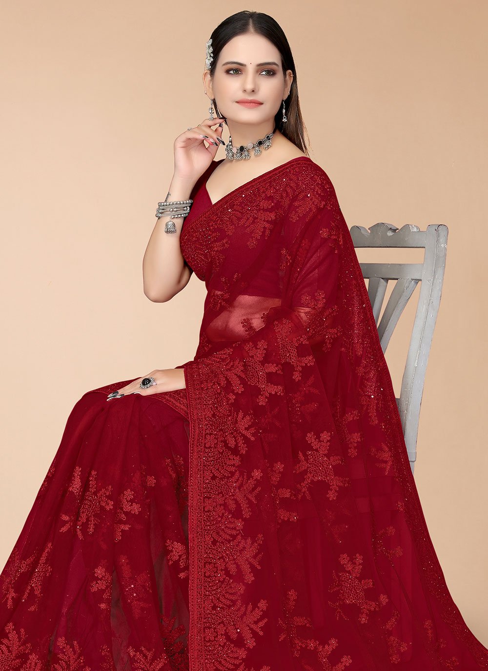 Contemporary Net Maroon Embroidered Saree