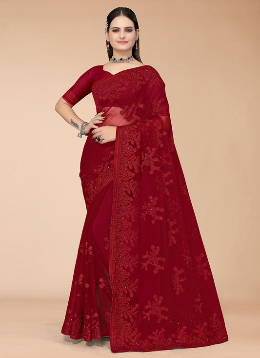 Contemporary Net Maroon Embroidered Saree