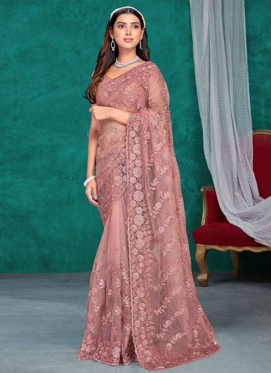 Classic Net Mauve Embroidered Saree