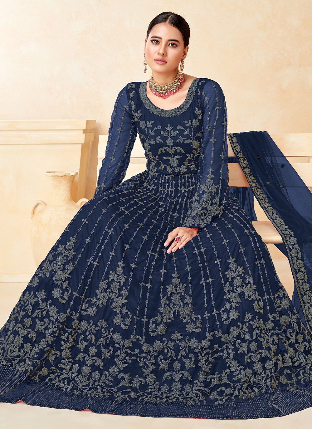 Anarkali Suit Net Blue Embroidered Salwar Kameez