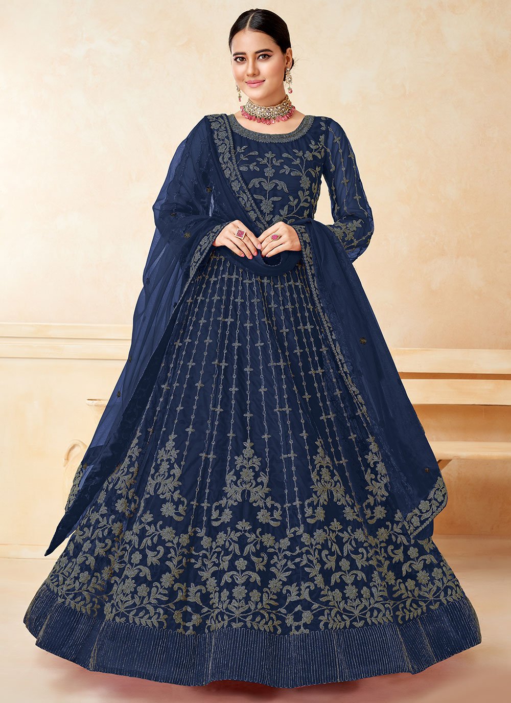 Anarkali Suit Net Blue Embroidered Salwar Kameez