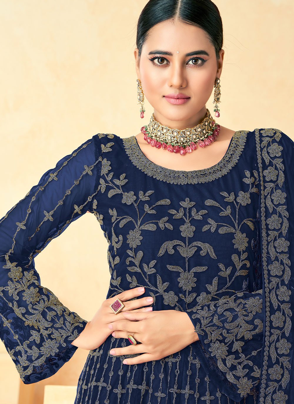 Anarkali Suit Net Blue Embroidered Salwar Kameez