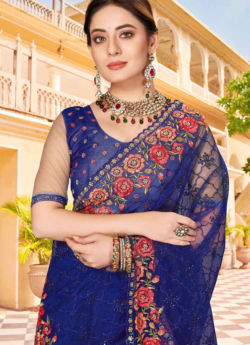 Classic Net Blue Embroidered Saree