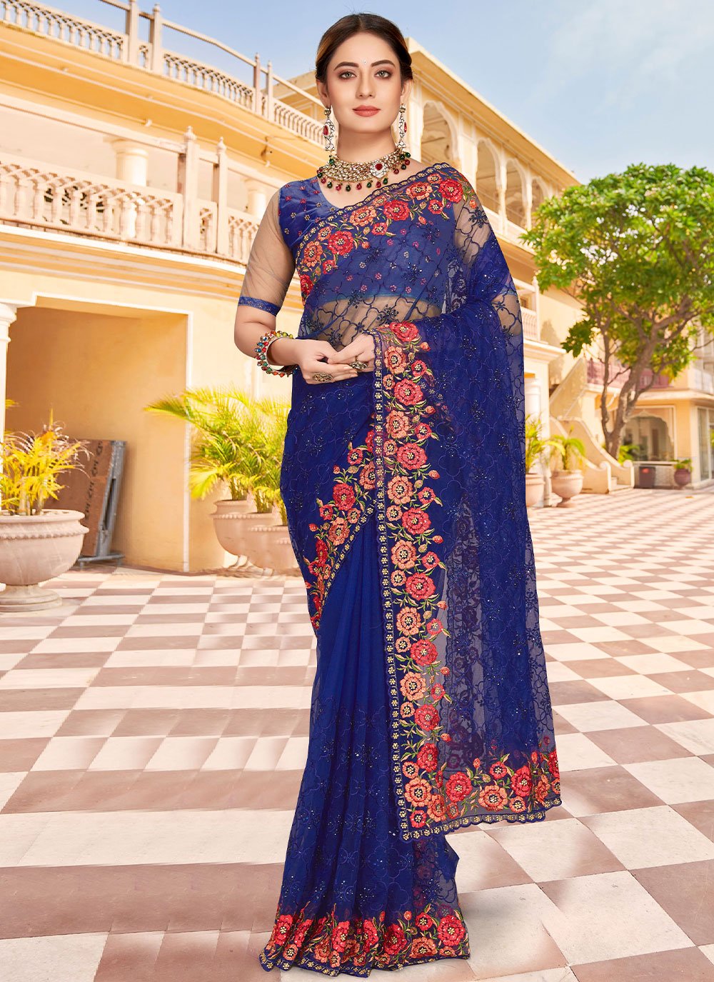 Classic Net Blue Embroidered Saree