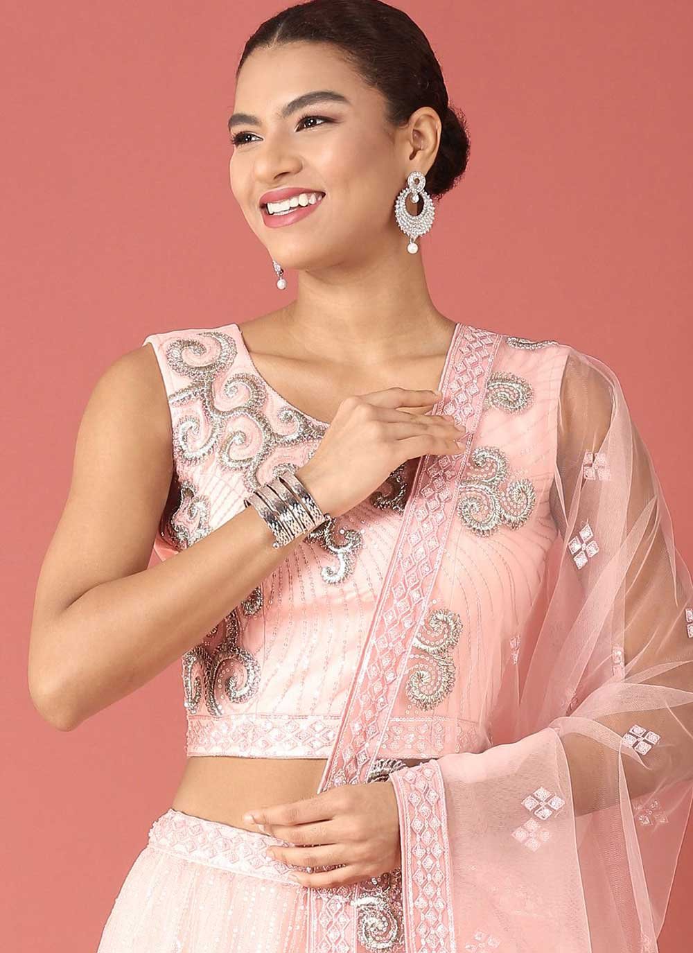 A Line Lehenga Net Pink Embroidered Lehenga Choli