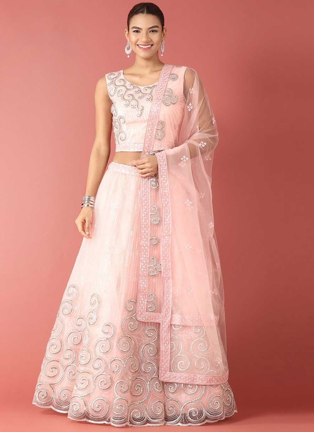 A Line Lehenga Net Pink Embroidered Lehenga Choli