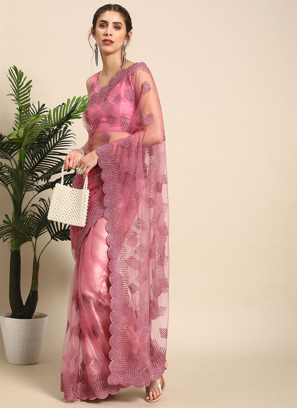 Contemporary Net Pink Embroidered Saree