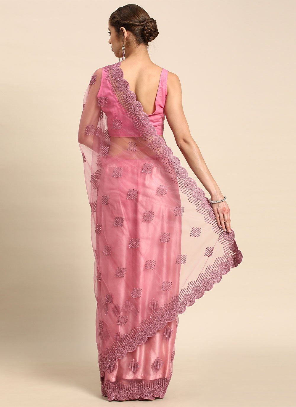 Contemporary Net Pink Embroidered Saree