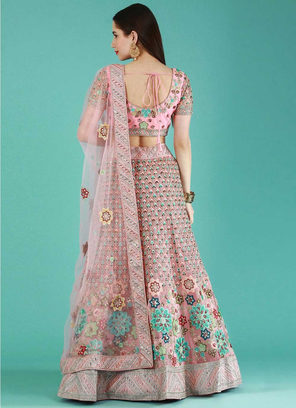 Lehenga Choli Net Pink Embroidered Lehenga Choli