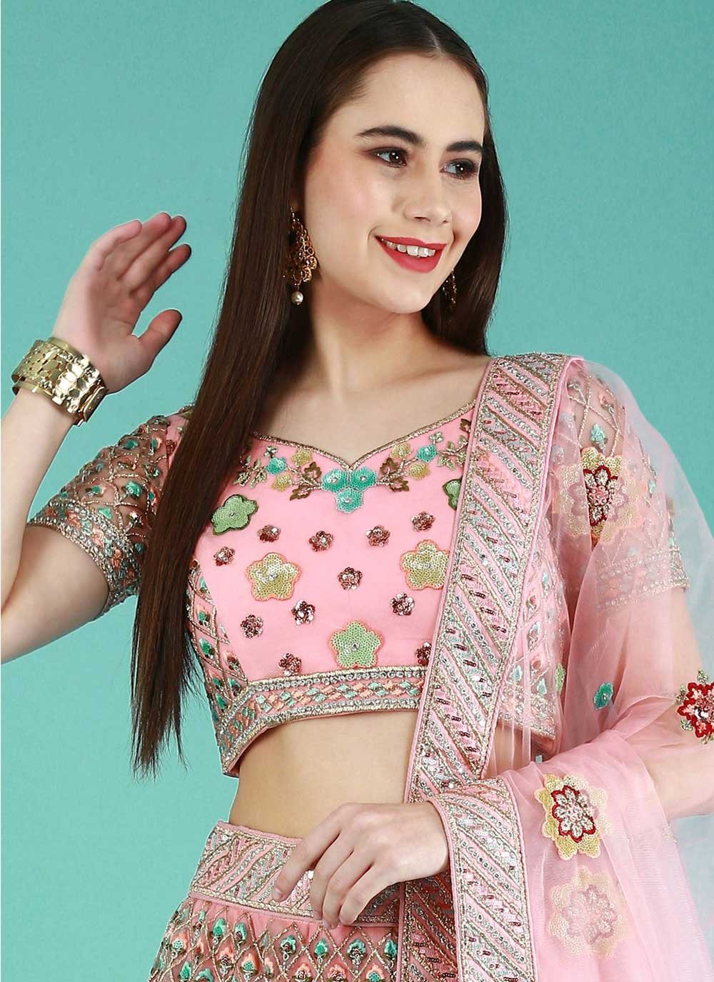 Lehenga Choli Net Pink Embroidered Lehenga Choli