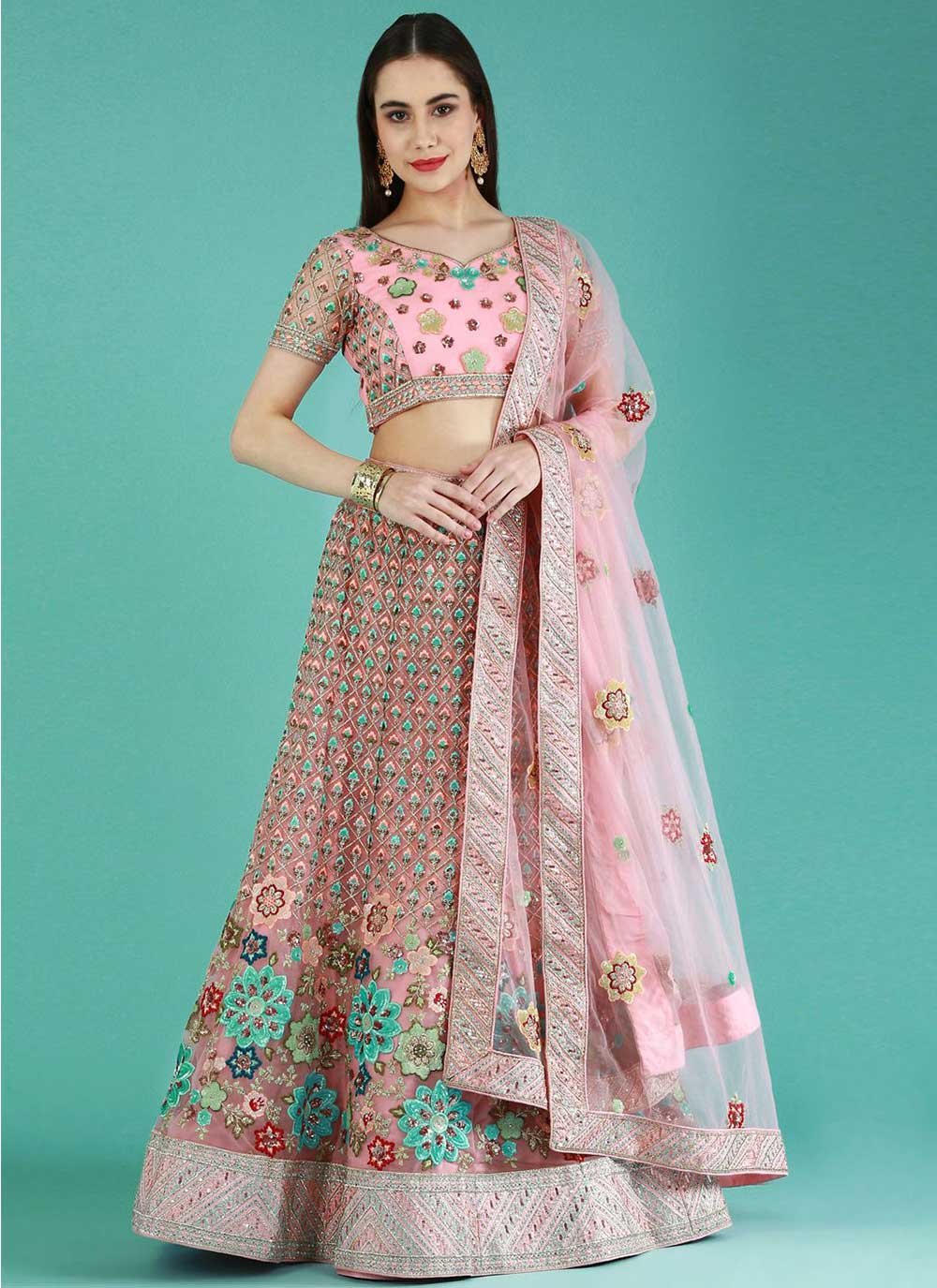 Lehenga Choli Net Pink Embroidered Lehenga Choli