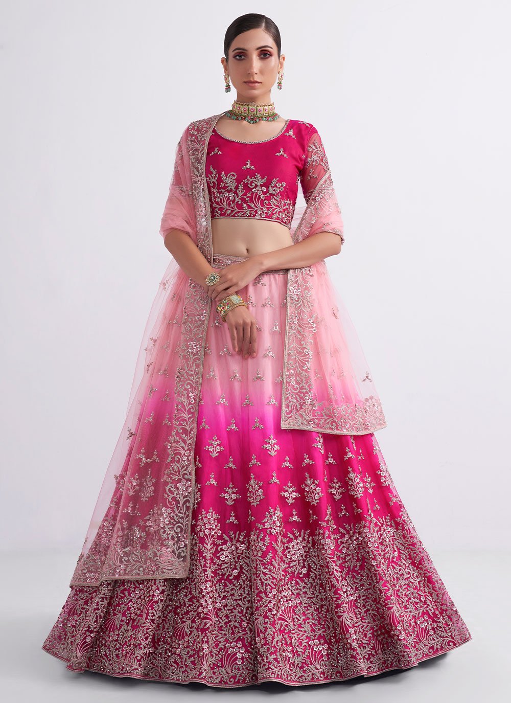 Lehenga Choli Net Pink Embroidered Lehenga Choli