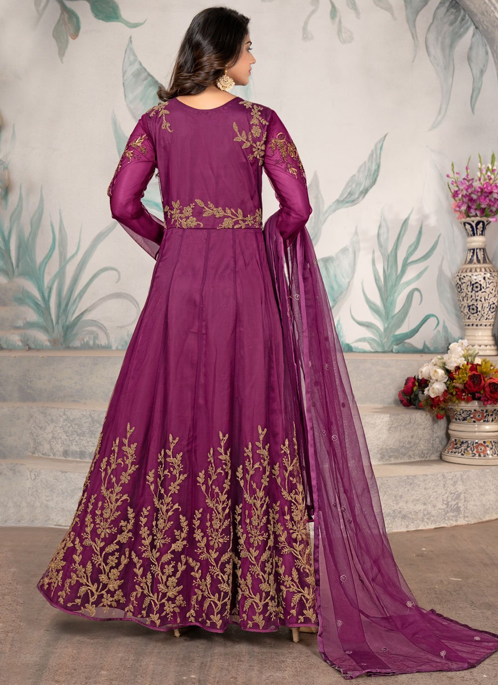 Anarkali Suit Net Purple Embroidered Salwar Kameez