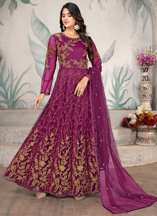 Anarkali Suit Net Purple Embroidered Salwar Kameez
