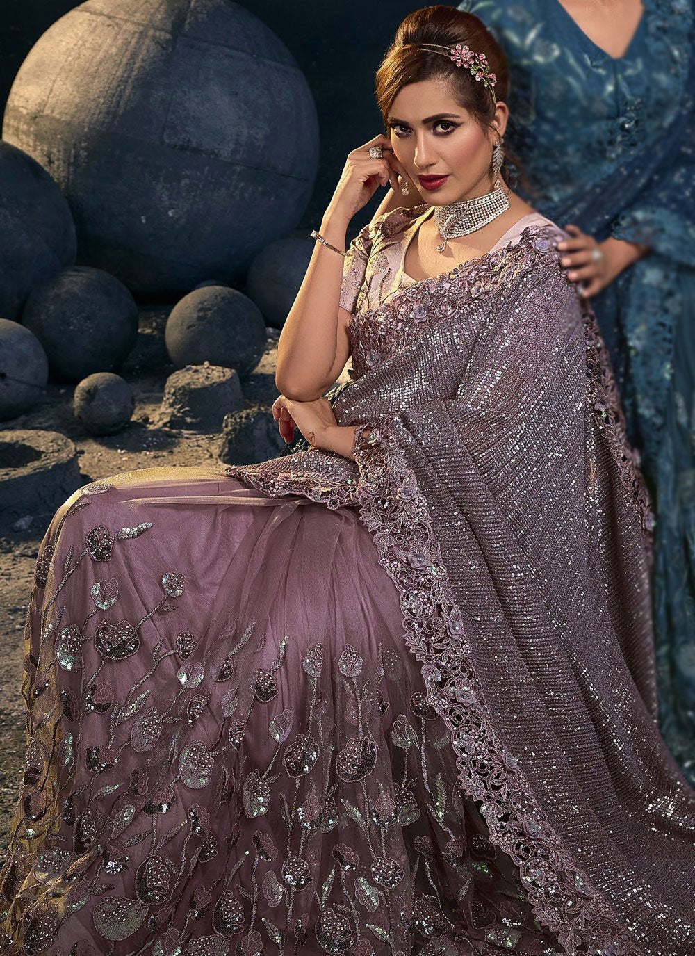 Classic Net Purple Embroidered Saree