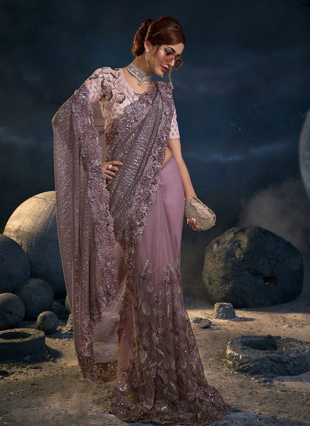 Classic Net Purple Embroidered Saree