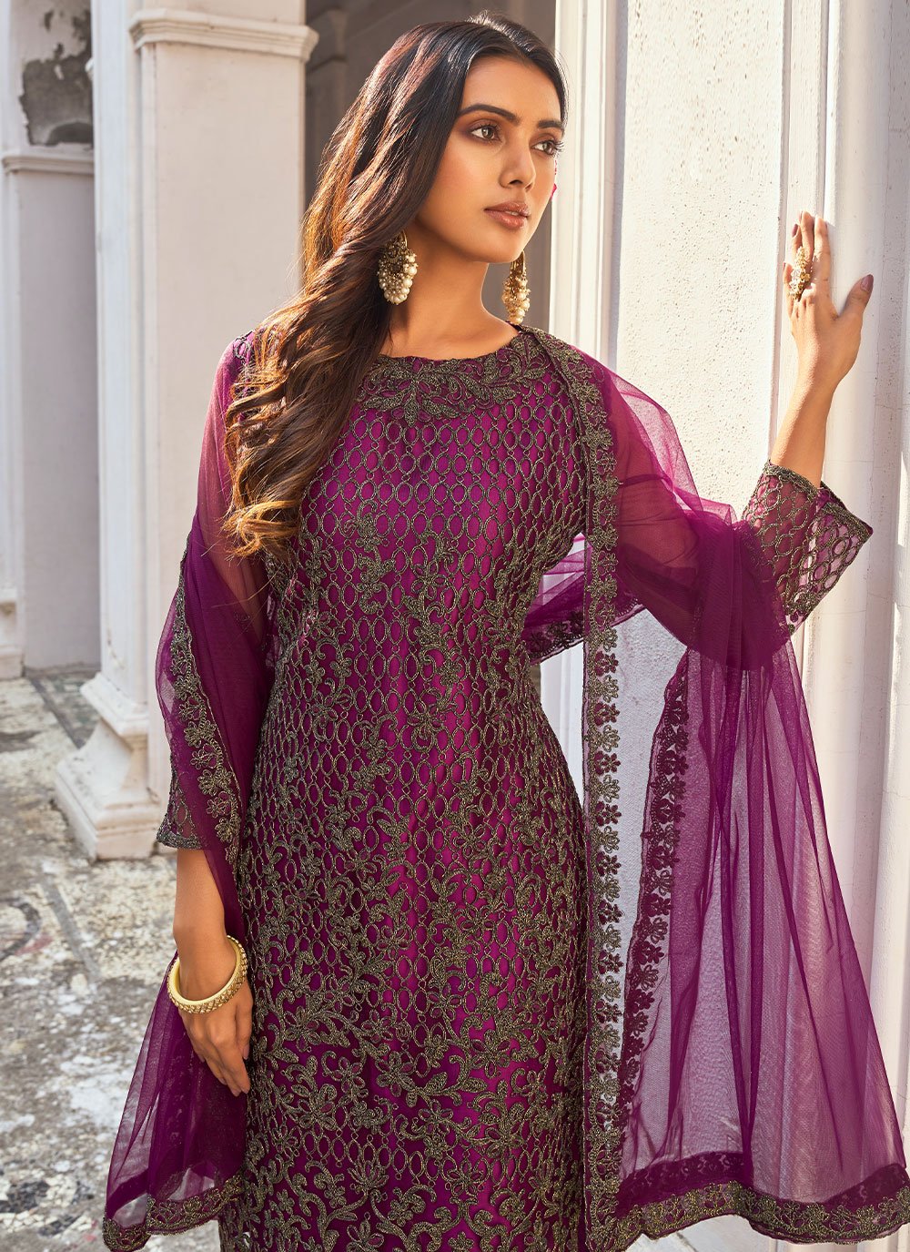 Pakistani Salwar Suit Net Purple Embroidered Salwar Kameez