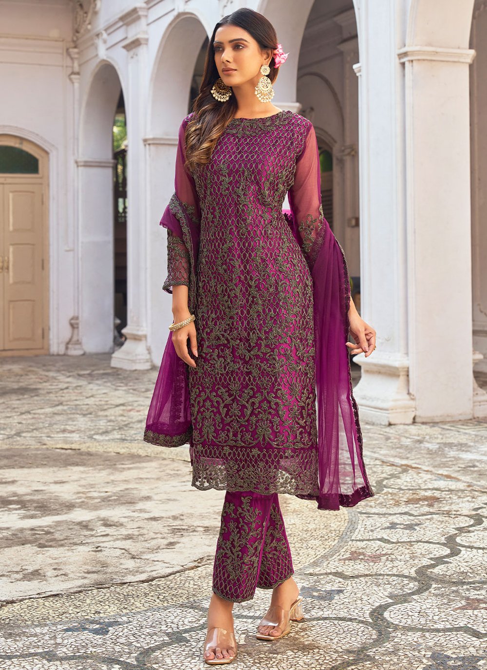 Pakistani Salwar Suit Net Purple Embroidered Salwar Kameez