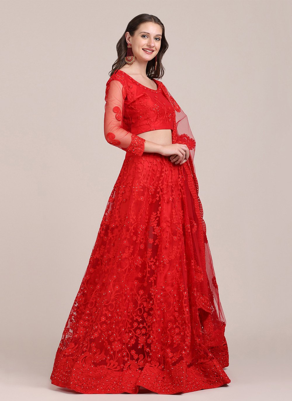 Lehenga Choli Net Red Embroidered Lehenga Choli