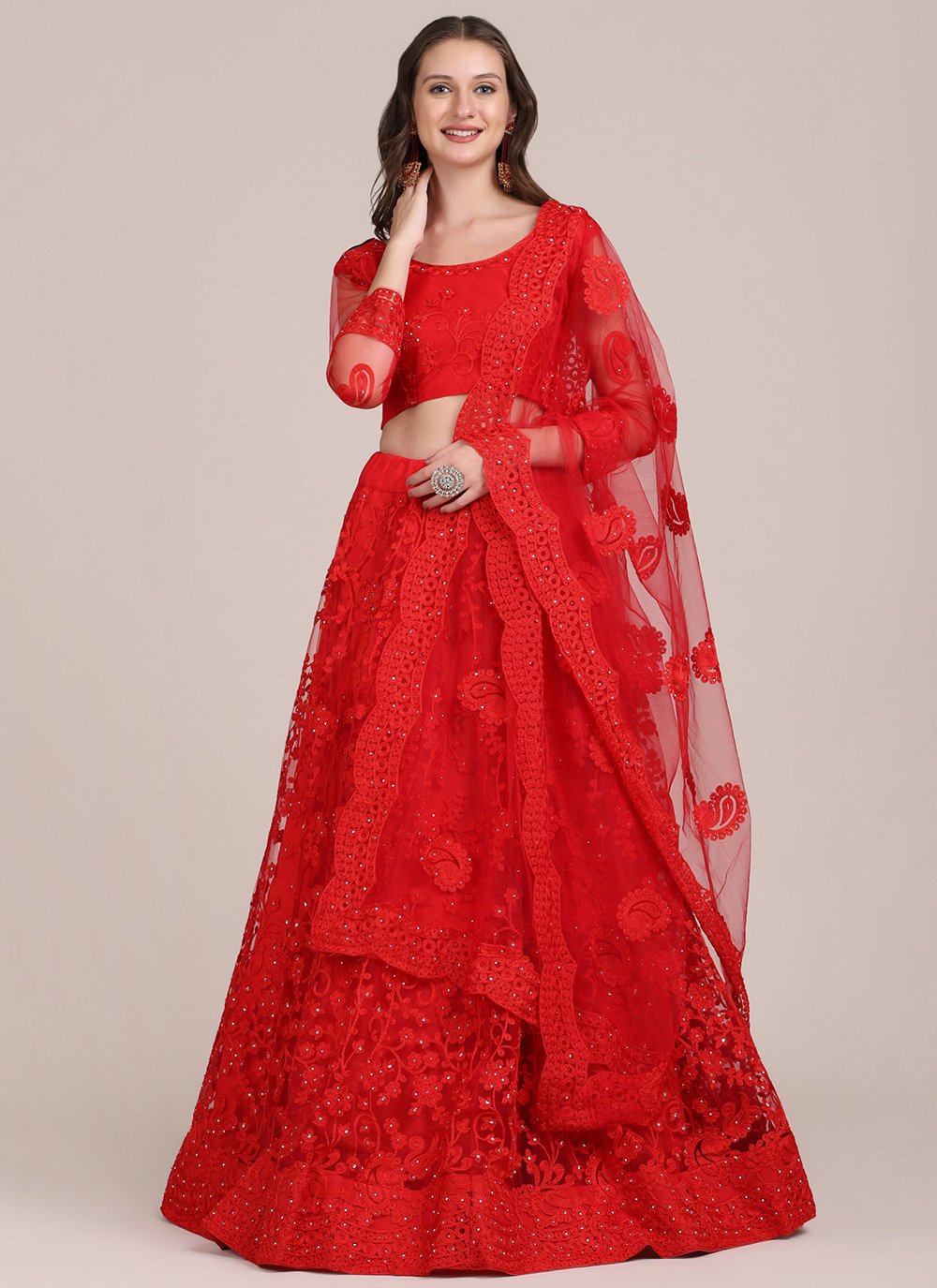 Lehenga Choli Net Red Embroidered Lehenga Choli