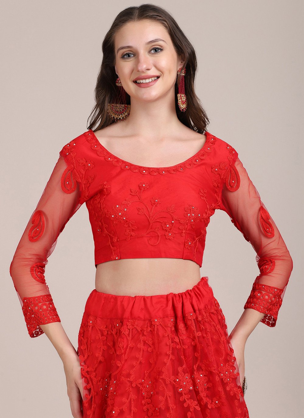 Lehenga Choli Net Red Embroidered Lehenga Choli