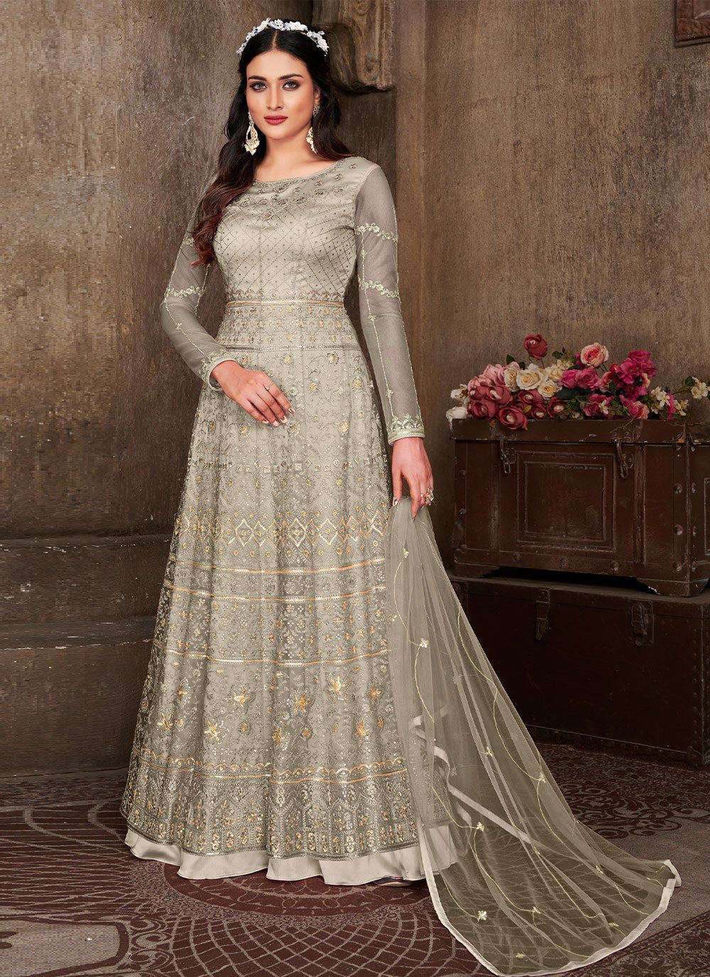 Floor Lenght Salwar Suit Net Silver Embroidered Salwar Kameez