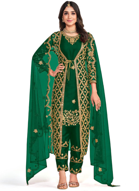 Straight Salwar Suit Net Green Cord Work Salwar Kameez