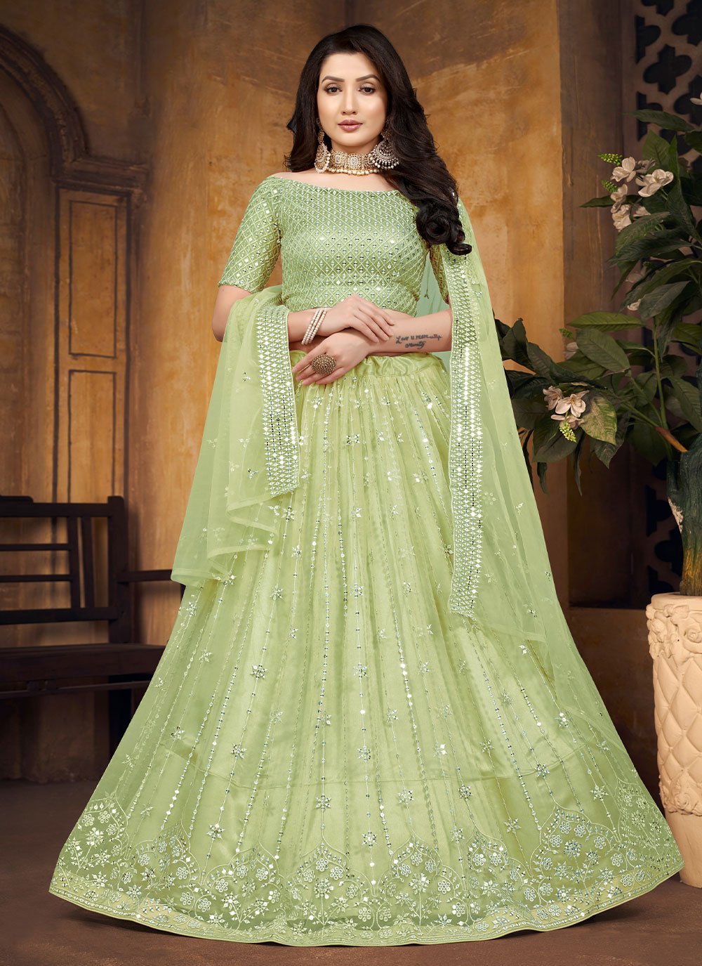 A Line Lehenga Net Sea Green Embroidered Lehenga Choli